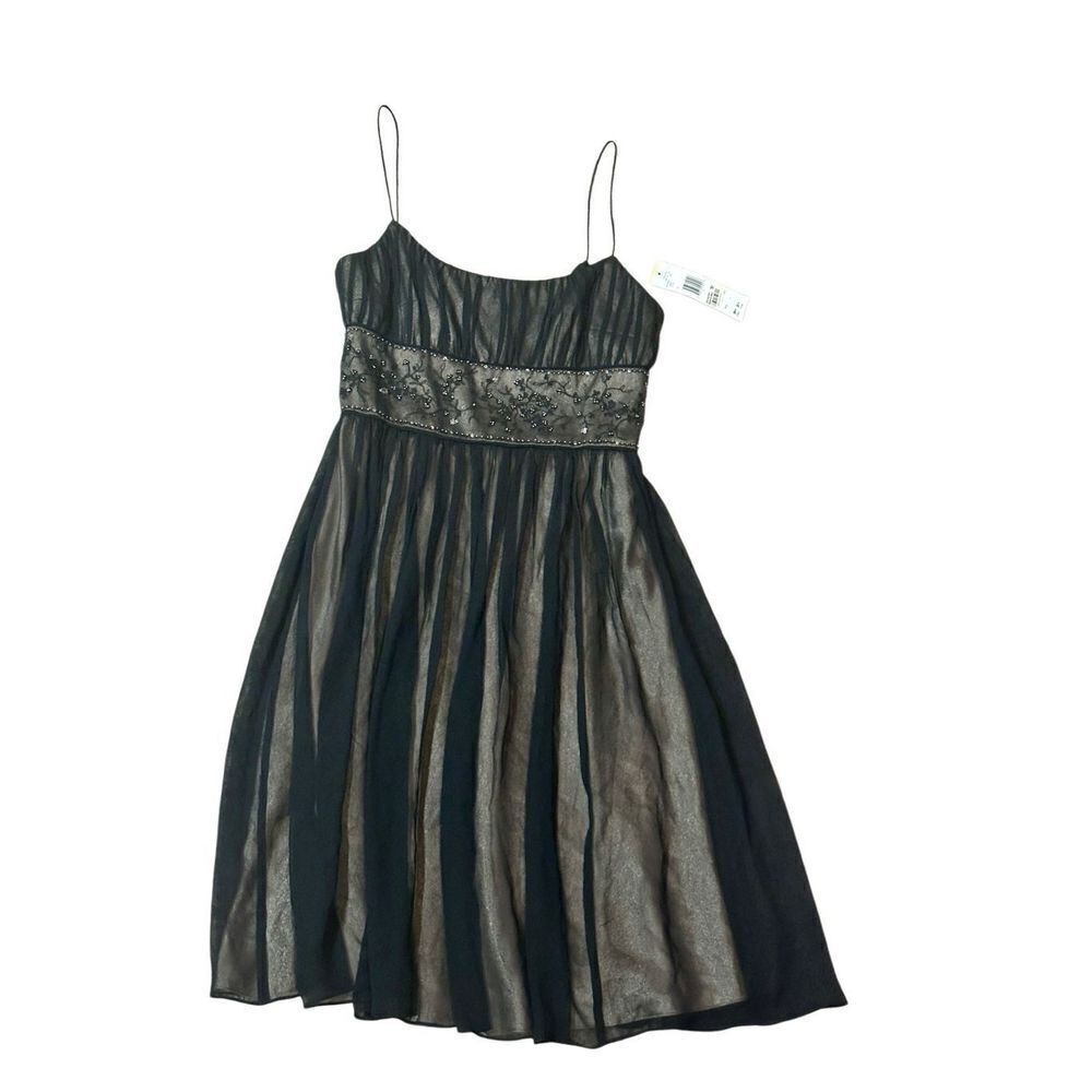 Jones New York black beaded silk baby doll sheer formal cocktail dress 4 new